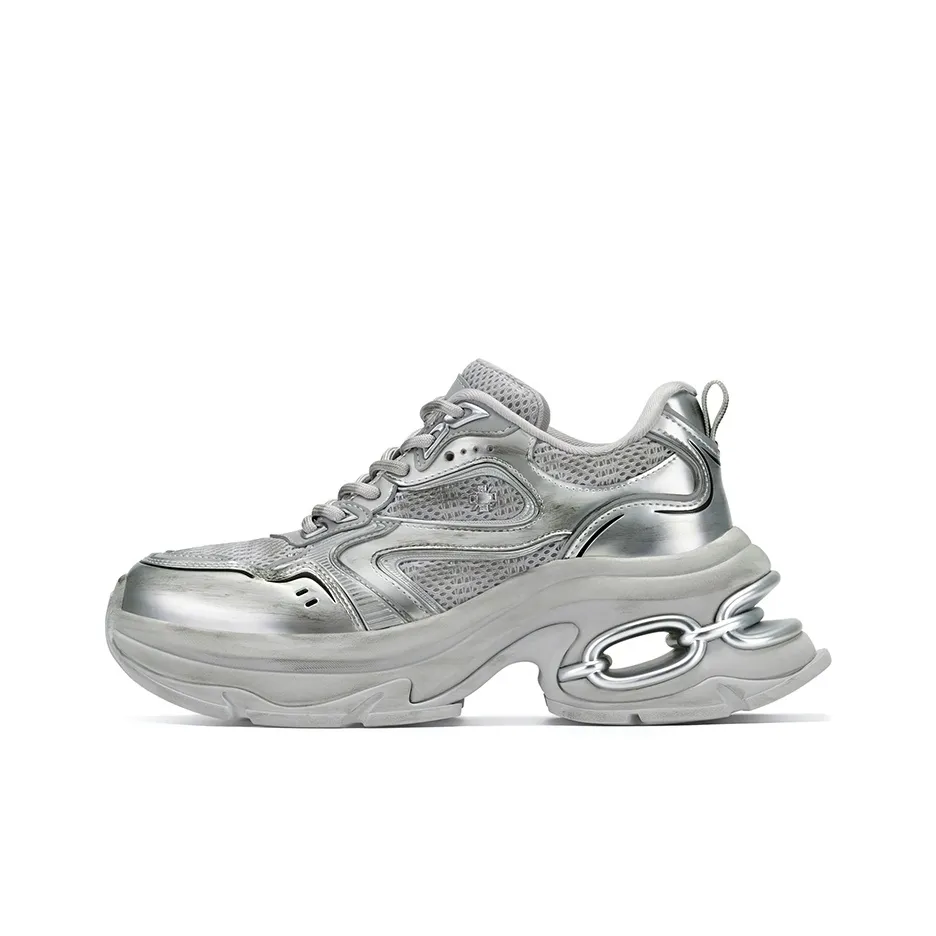 GG-CC Cushioned Slip-Resistant Abrasion-Resistant Low-Top Chunky Sneakers Women's Silver