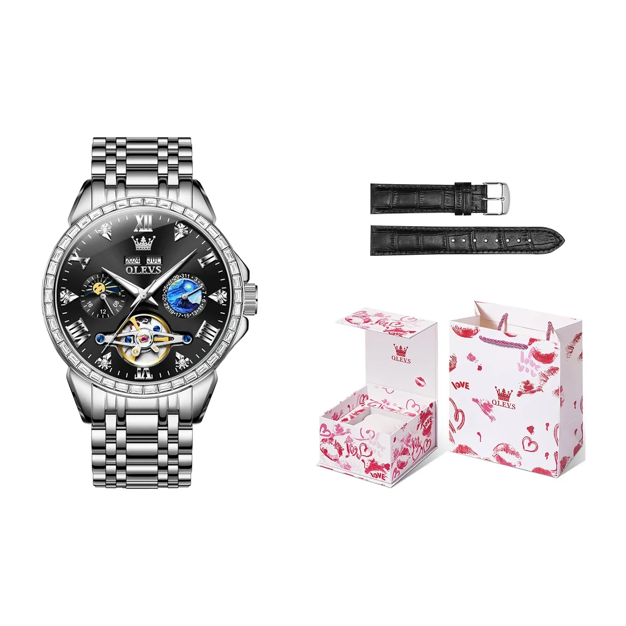 OLEVS Play The Cool Series Механический механизм ремешок из нержавеющей стали черный циферблат мужские часы