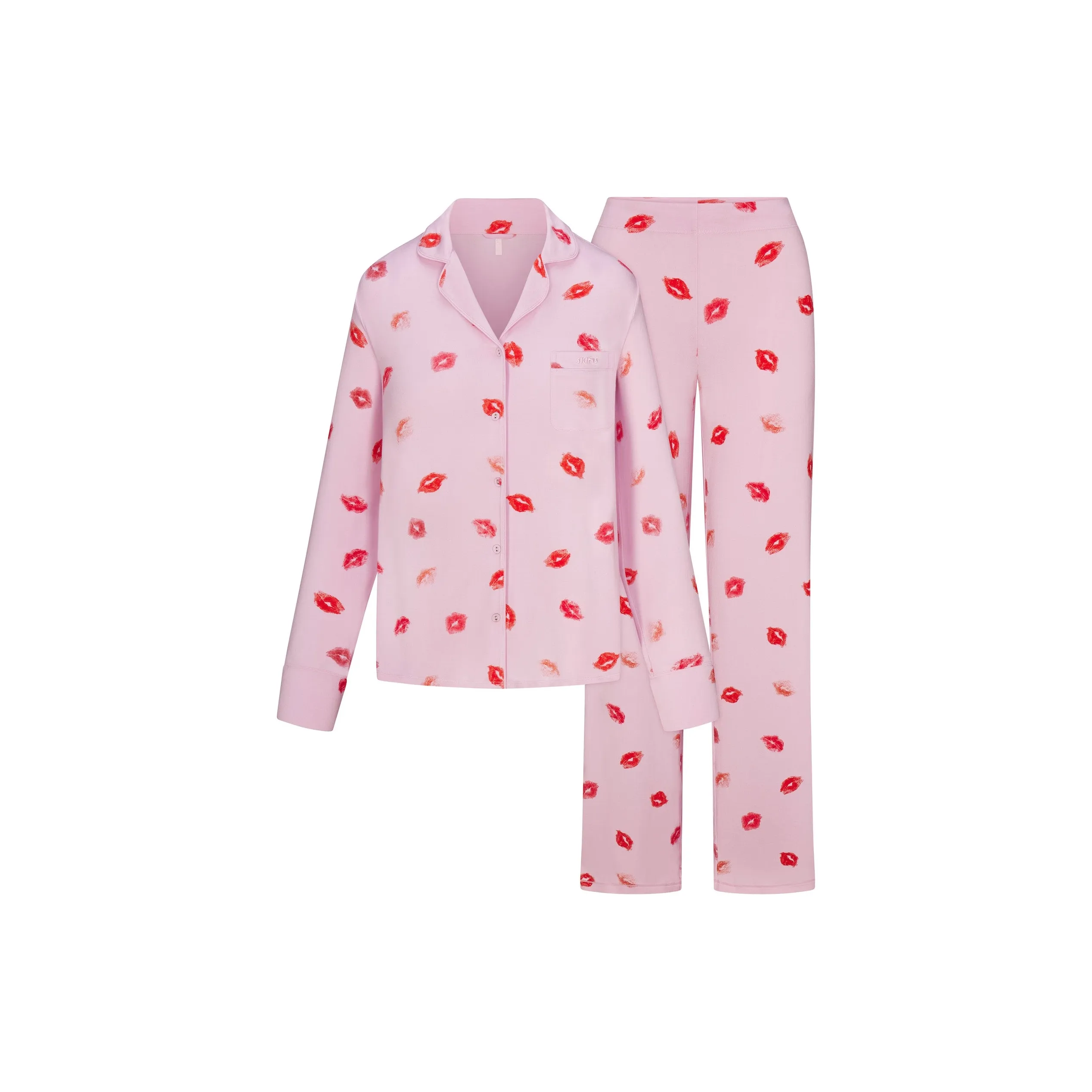 SKIMS Valentine's Day Collection SS25 SKIMS SLEEP LONG SLEEVE BUTTON UP SET Pajama Set Women's Cherry Blossom Lipstick