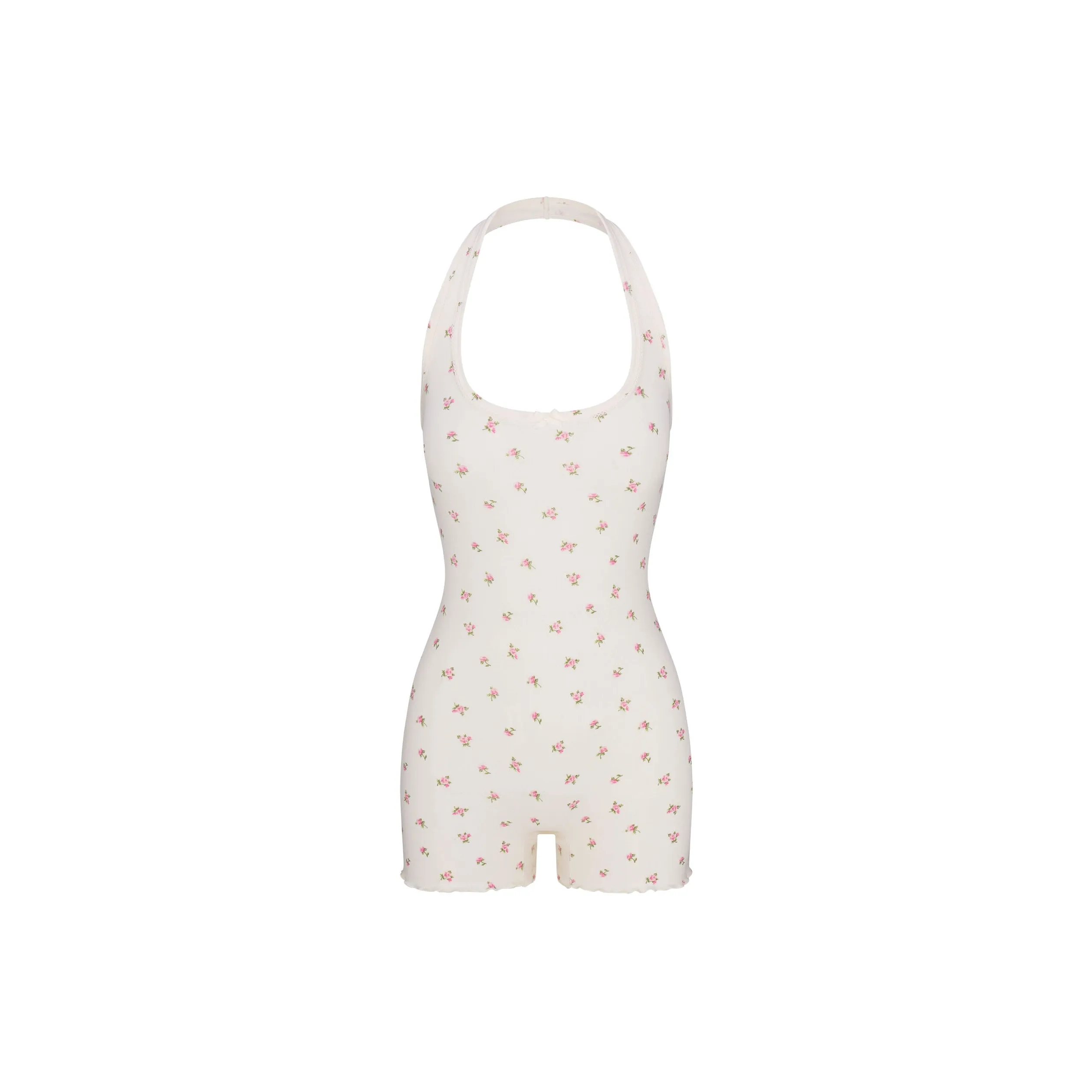 SKIMS Valentine's Day Collection SS25 LOGO POINTELLE HALTER ONESIE Lt Women's Marble Pink Rosebud Print