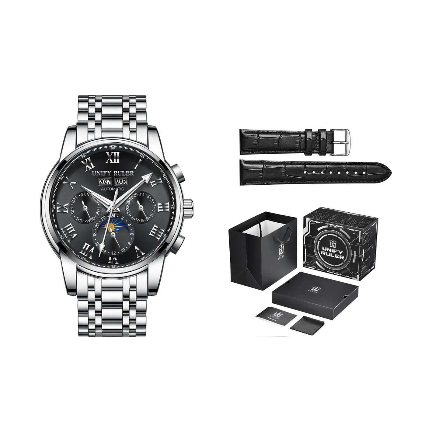 Respect the time Автоматический механический механизм металл ремешок мужские часы черный циферблат