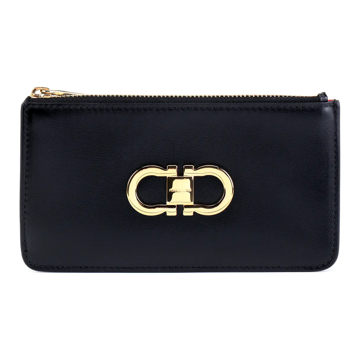 FERRAGAMO GANCINI Palm Телячья кожа Держатель для карт Женский Черный и Пламя Красный