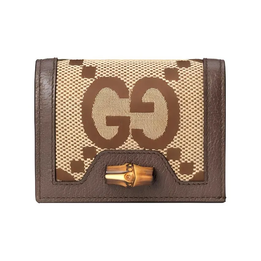 GUCCI Diana Canvas With Leather Card Holder Wallet Women's Ebony/Camel/Brown