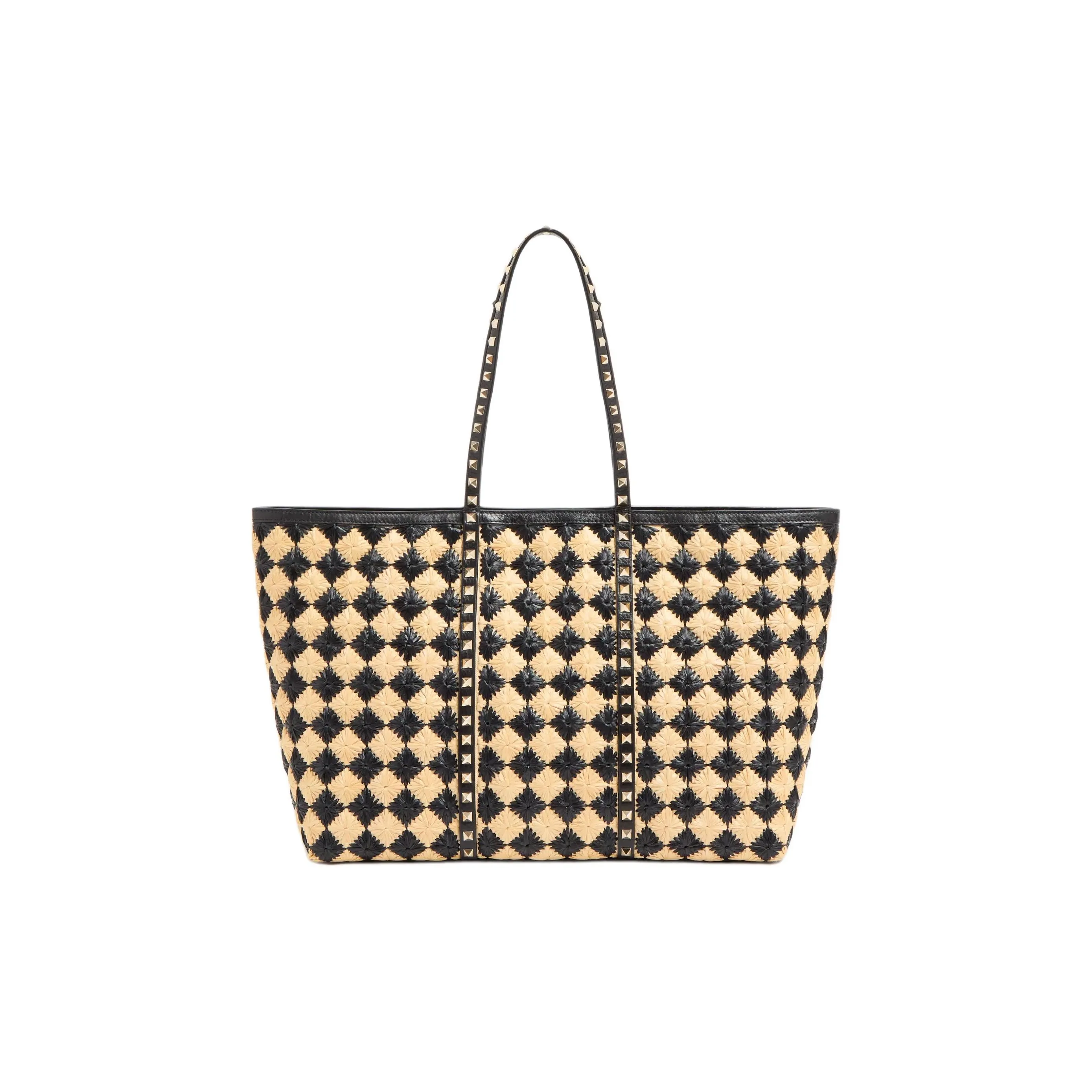 Valentino Synthetic Raffia Plaid Embroidery Tote Bag Shopping Bag Shoulder Bags Women's Natural & Black