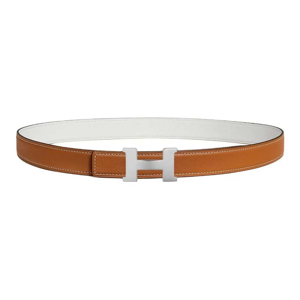 HERMES Calfskin Palladium-Plated Leather Belts Women's White Width 2.4CM