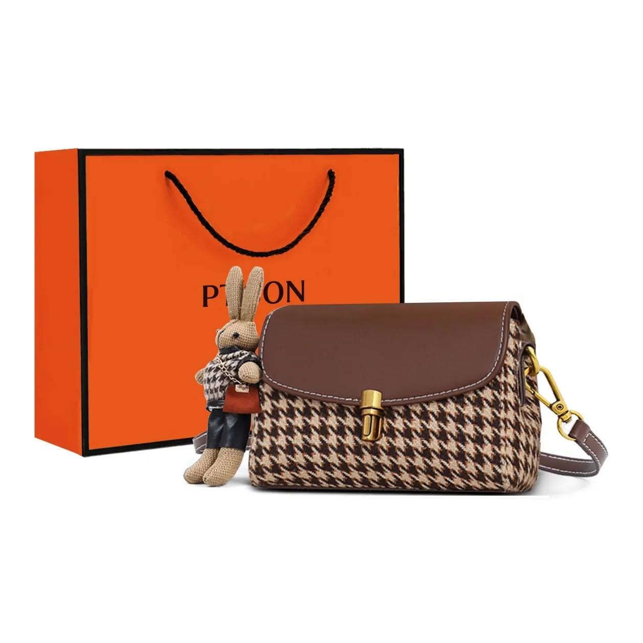 PT'SON Ткань Маленькая Квадратная Сумка Сумка через плечо Обычная Женская Гусиная лапка Кофе