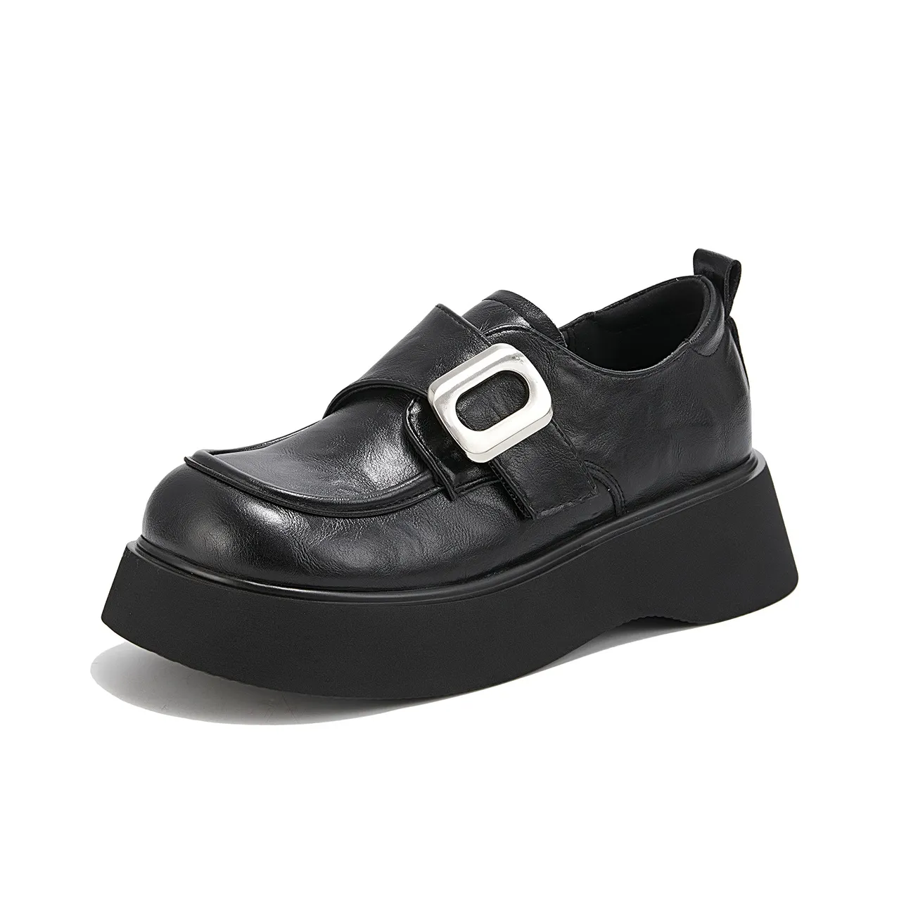 La Chapelle Fashionable 5cm Chunky Heel Platform Small Leather Shoes Casual Single Shoes Women's Black