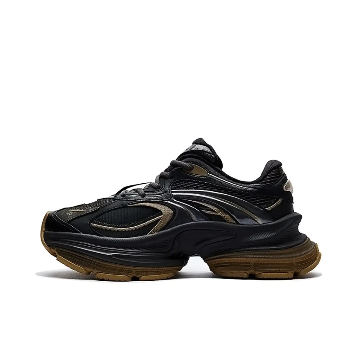 Anta Shock Absorbers Slip Resistant Abrasion Resistant Low Top Chunky Sneakers Women's Black Gold