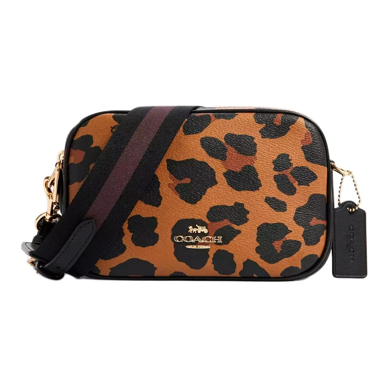COACH Jes Coated Canvas With Leather Camera Bag, Shoulder Bag, Crossbody Bag Trumpets Women's Black Leopard Print
