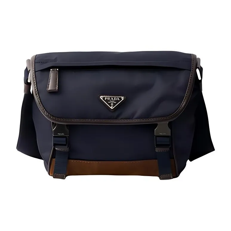 PRADA Recycled Nylon Shoulder Bag Trumpets Men's Blue & Coffee