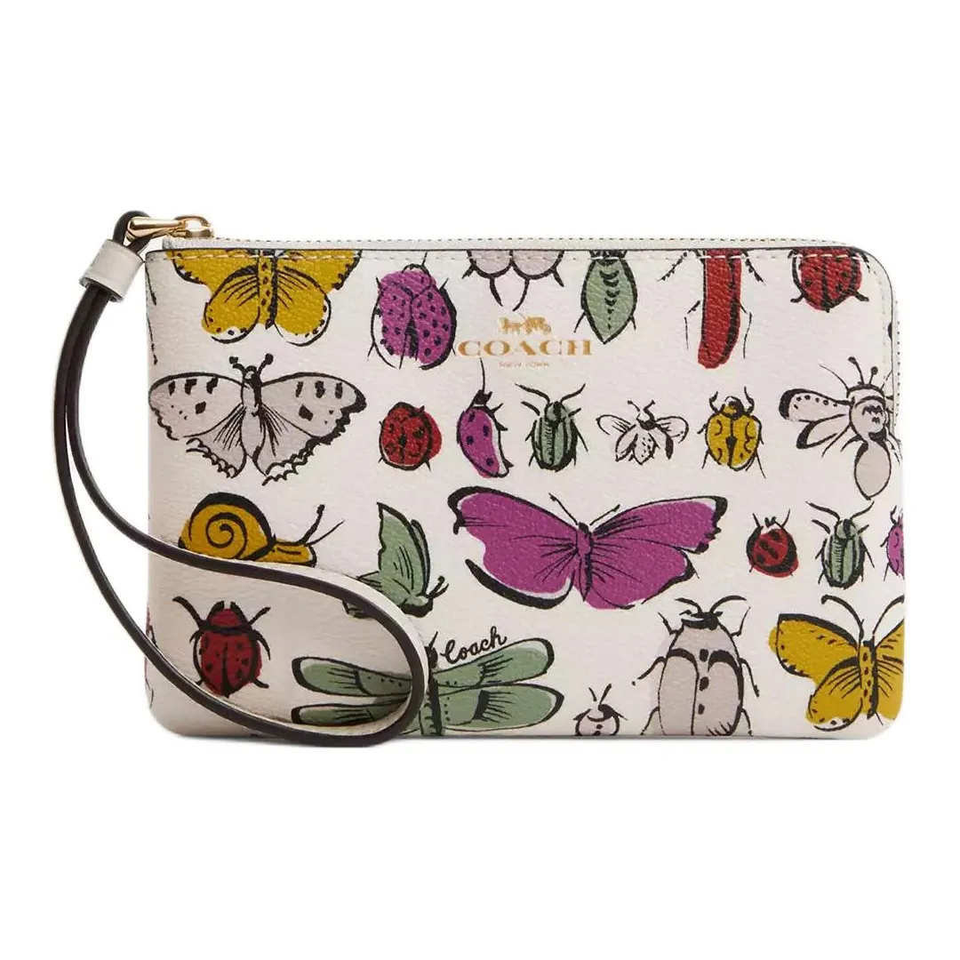 COACH Corner Zip Покрытый холст с переработанной кожей Кошелек Клатч Маленький Женский Золотой и Мелово-многоцветный