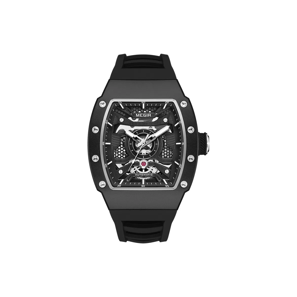 MEGIR Механические часы с силиконовым ремешком черный циферблат мужские часы