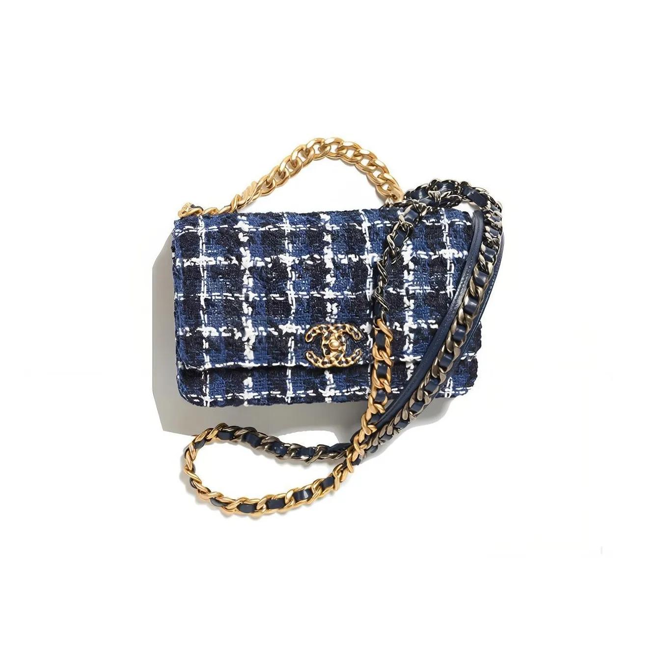 CHANEL Cotton Tweed Shoulder Bag, Crossbody Bag Women's Blue/White/Marine Blue