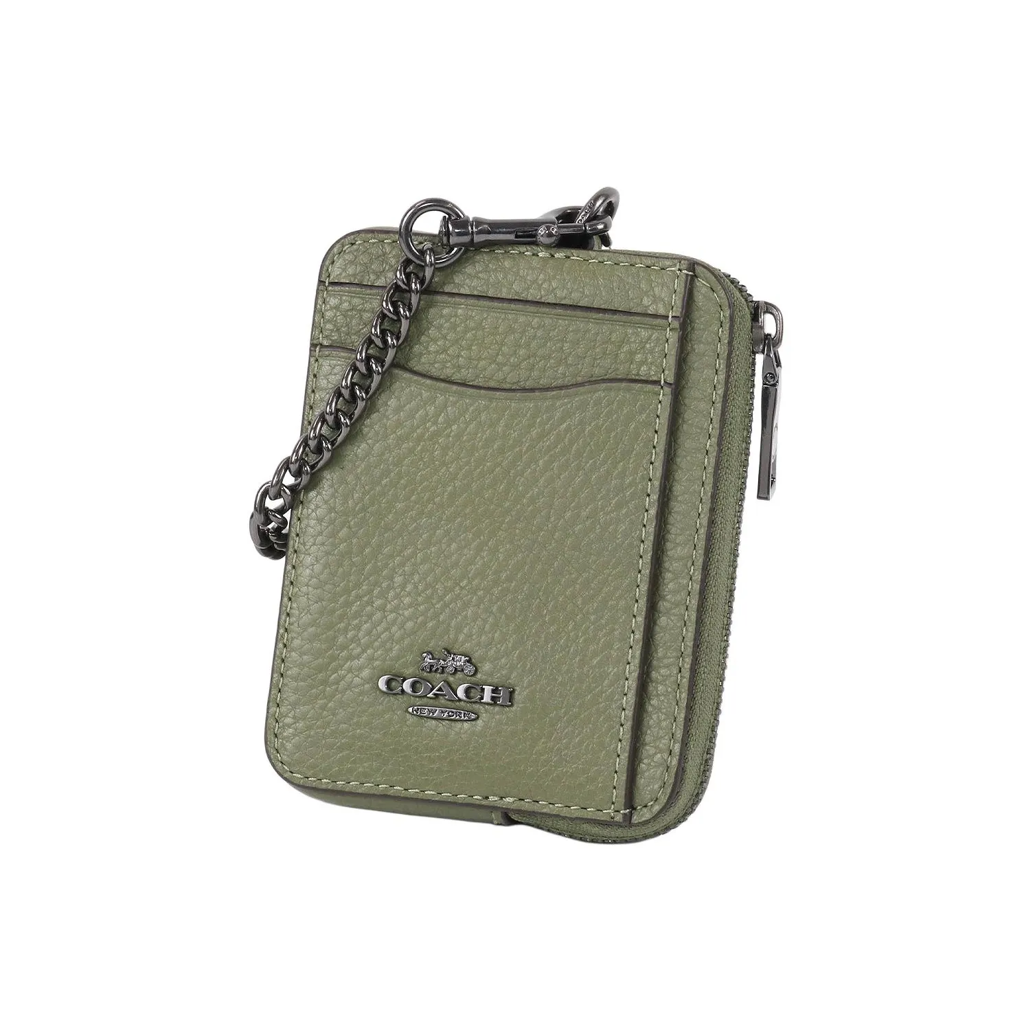 COACH Card Case Pebbled Leather Card Holder Mini Women's Army Green