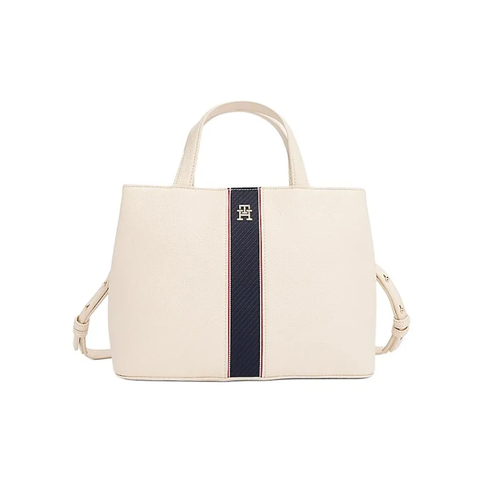 Tommy Hilfiger Polyurethane Tote Bag, Shopping Bag, Shoulder Bag, Handbag Women's Ecru & Marine Blue