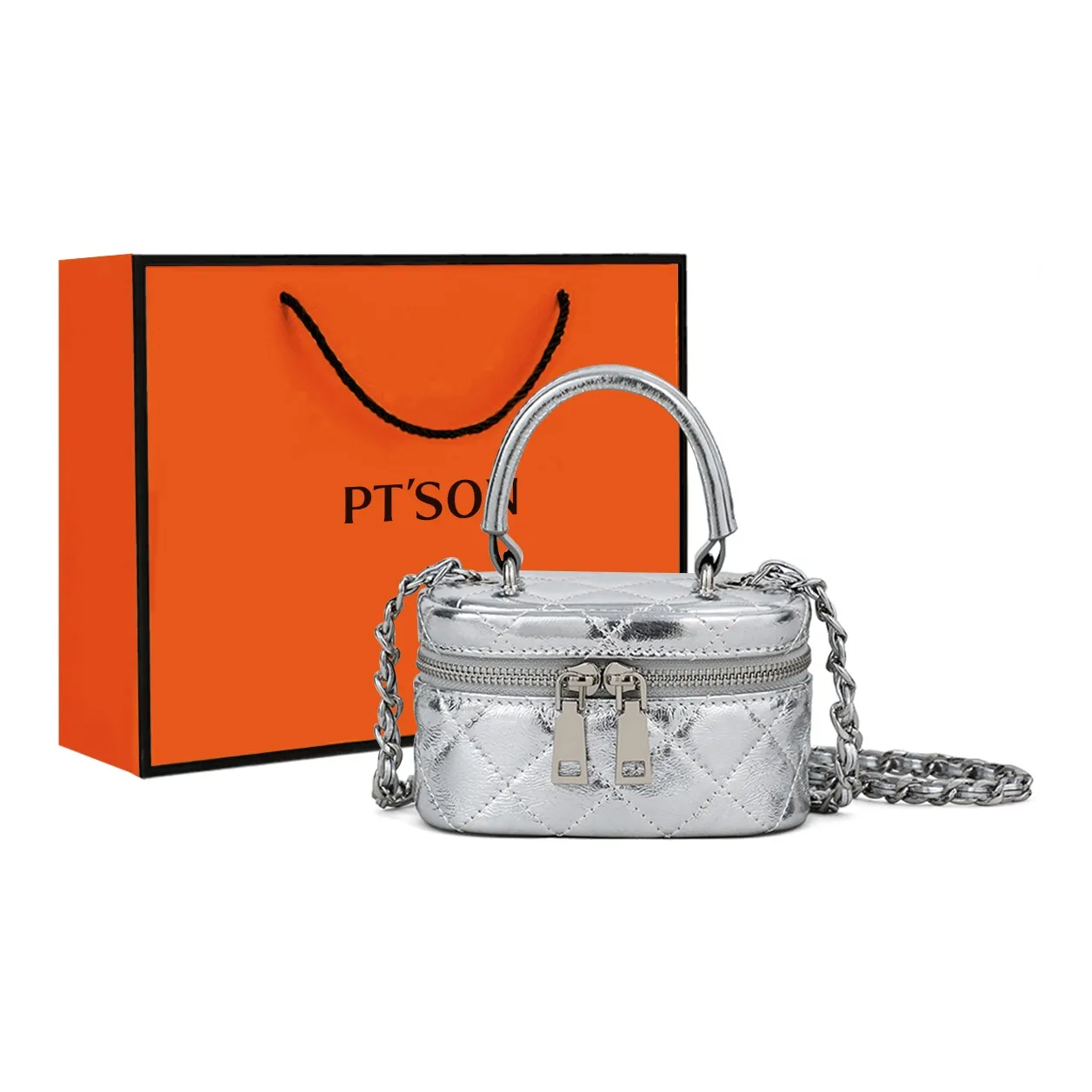 PT'SON Корова Кожа Коробка Сумка Сумка через плечо Сумка через плечо Стандартная Женская Серебряный