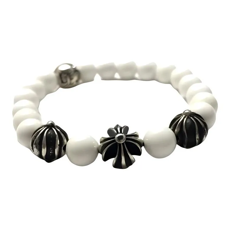 Chrome Hearts White Turquoise, Sterling Silver, Gemstone Bracelets Unisex White 8mm