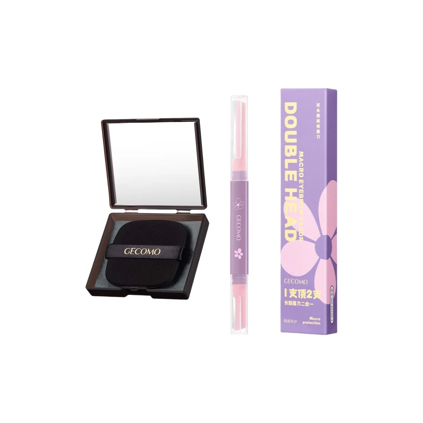 GECOMO Dual Head Close Up Eyebrow Razor+Oil Absorbing Paper Combination, Built in Mirror Powder Puff, Makeup Tool