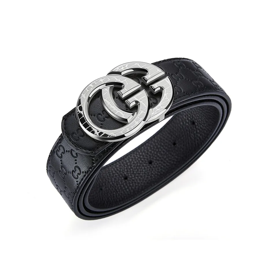 GUSKI Top Grain Cow Leather Smooth Buckle Belt, Suitable For Men's Pants Men's Silver Gold Width 3.8cm Gift Box Set
