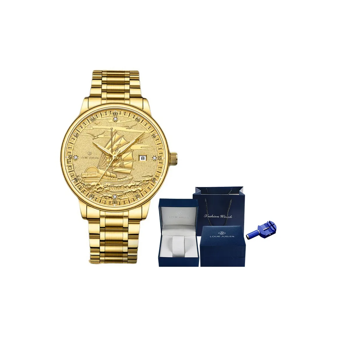 LOUIE JUELEN Smooth Sailing Collection Mechanical Movement Stainless Steel Watchband Watch Men's Watches Gold Dial