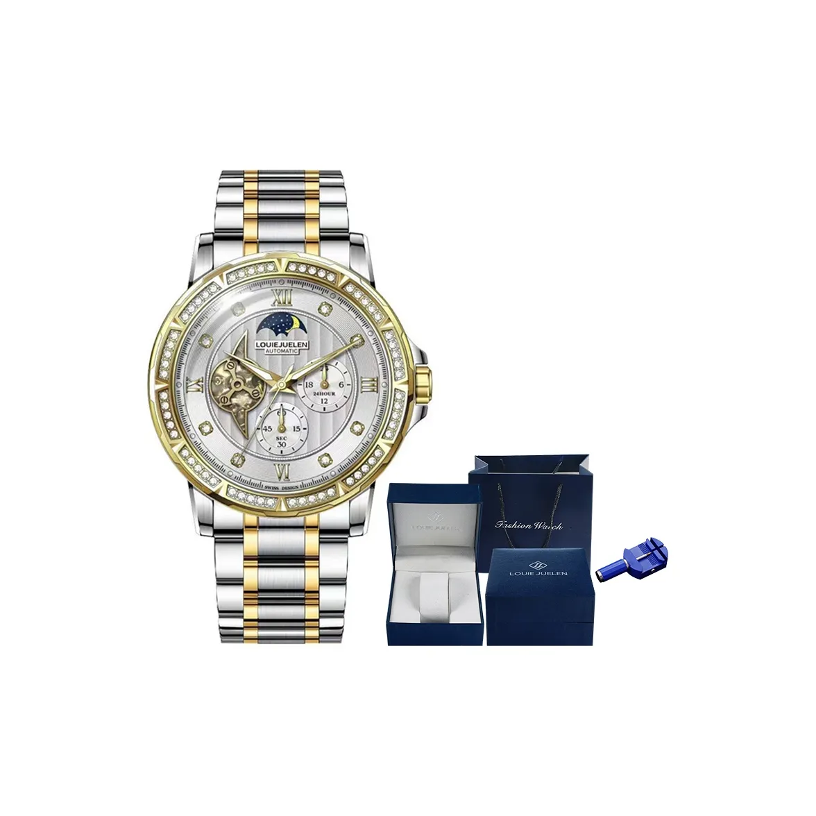 LOUIE JUELEN Moon Phase Collection Mechanical Movement Stainless Steel Watchband Watch Men's Watches Silver Dial