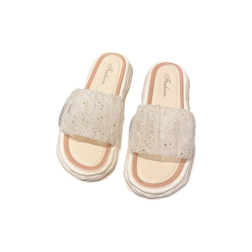 ECAC Quiet Summer Sandal Shoes For Women's Slip on With Lace, Pearl, Fairy Slippers, Platform, Soft Sole