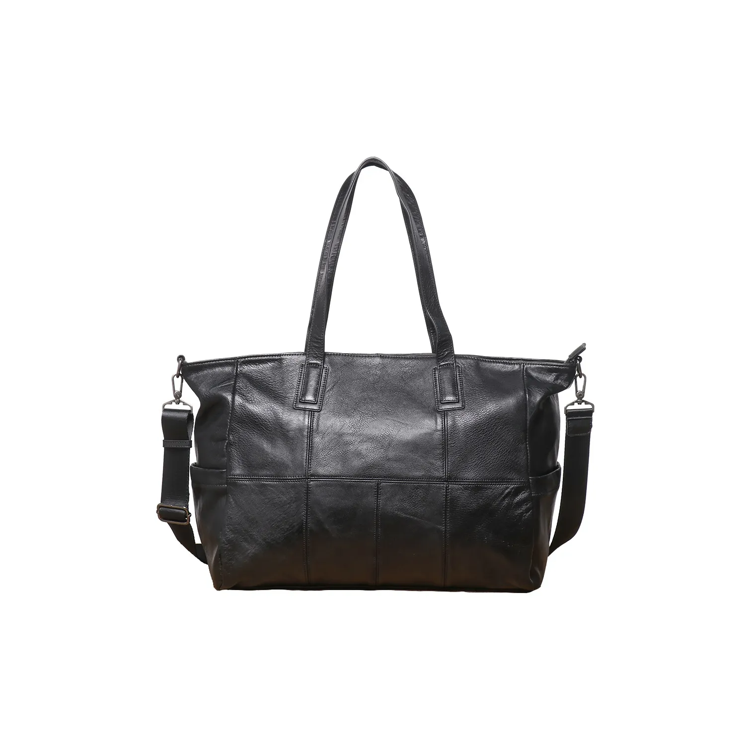 LARTIGENT Top Grain Cow Leather Tote Shoulder Bag Short Trip Computer Luggage Bag Travel Bag Unisex Black
