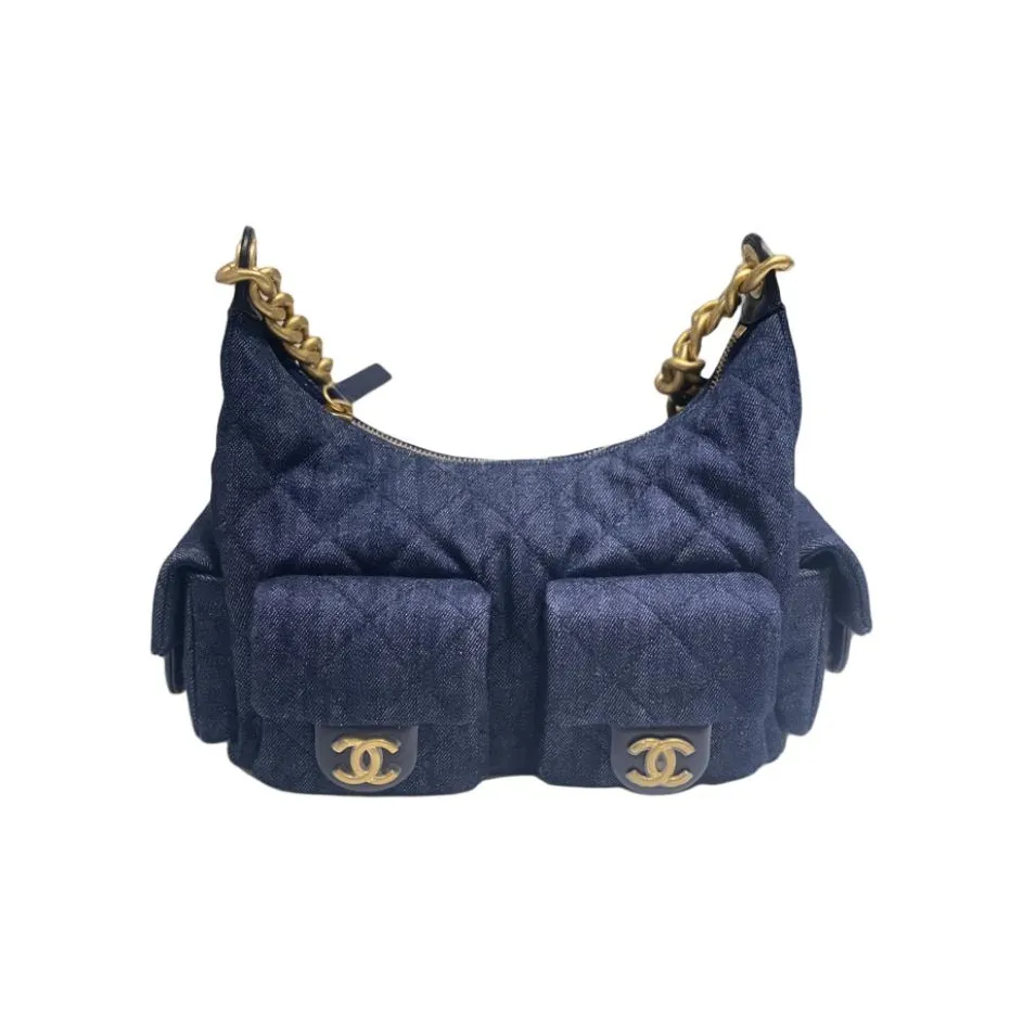CHANEL Denim Hobo Bag Handbag Shoulder Bag Small Size Women's Dark Blue