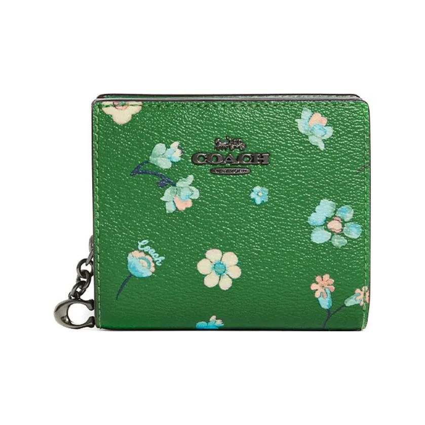 COACH Snap Wallet Leather Card Holders Clutches Wallets Women's Green