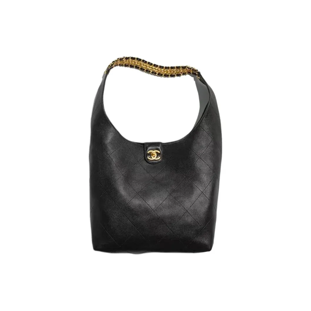 CHANEL Sheepskin HOBO Bag, Underarm, Hippie Style Handbag, Shoulder Bag Women's Black