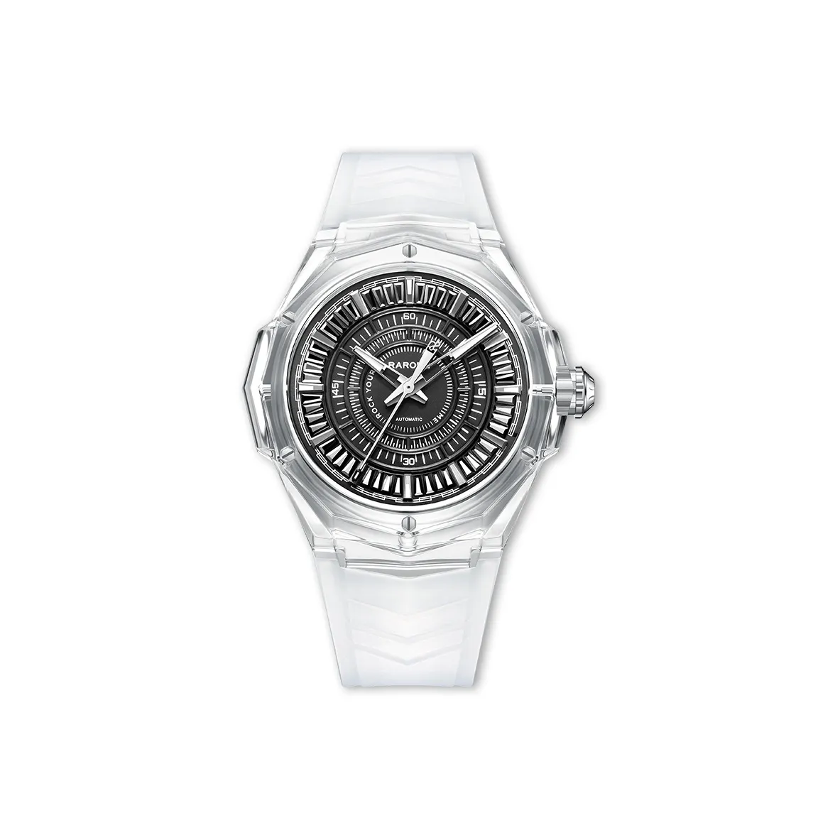RARONE Frenzy Collection White Hurricane Mechanical Movement Silicone Strap Watch Men's Watches Black Dial