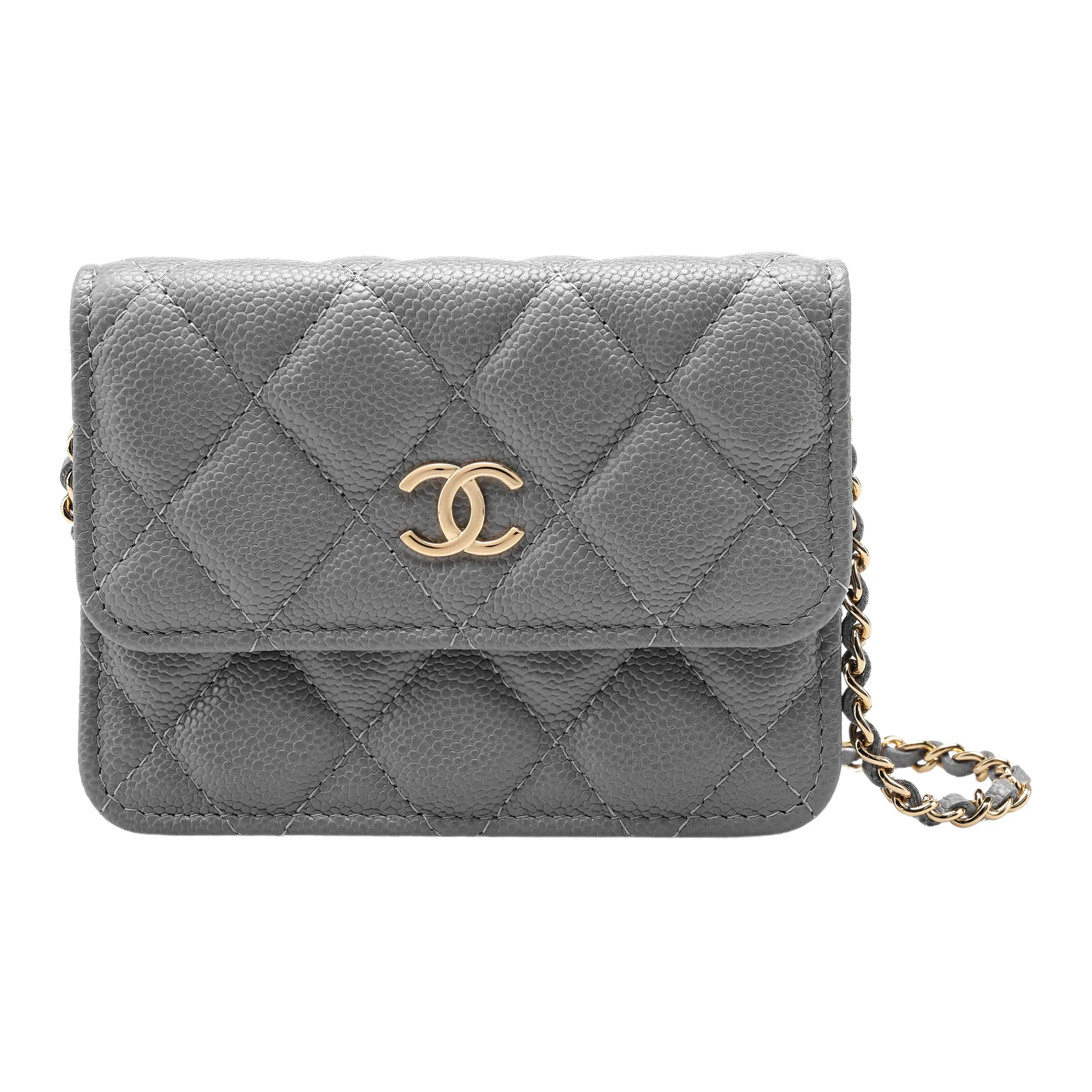 chanel Chic Grain Embossed Calfskin Coin Purse, Clutch, Shoulder Bag, Crossbody Bag Mini Women's Gray