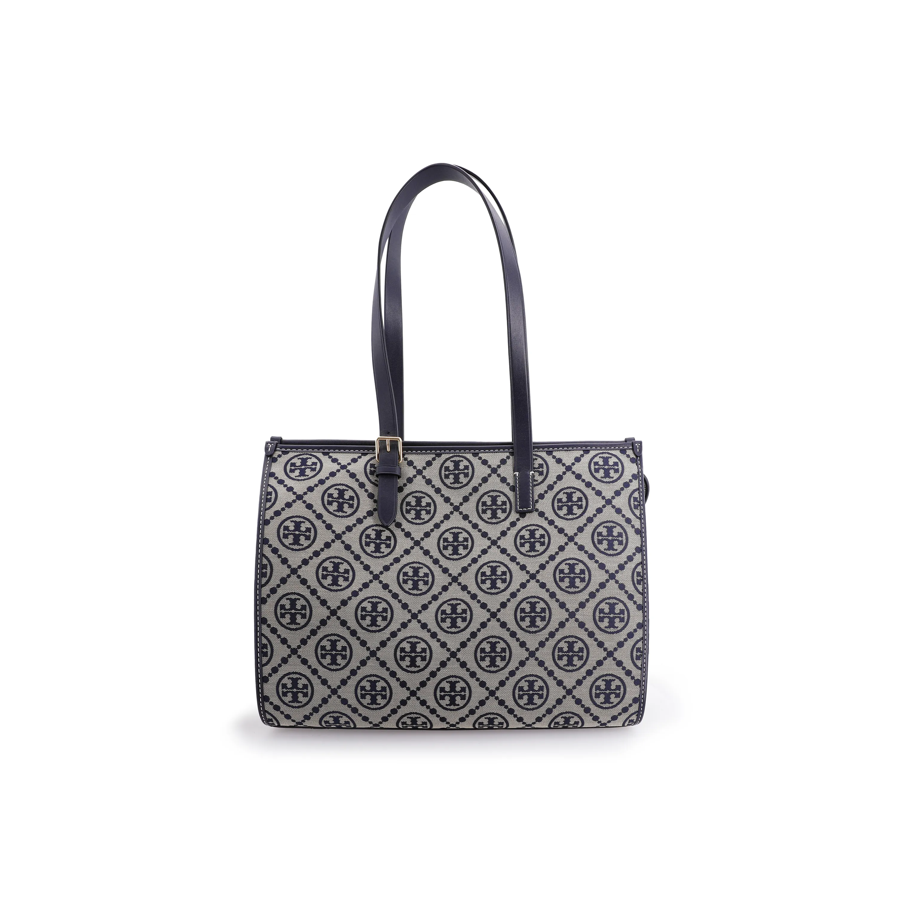 TORY BURCH T Monogram Jacquard Fabric With Leather Trim Tote Bag Shopping Bag Shoulder Bag Handbag Women's Navy