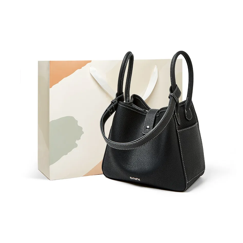 15 MINS Коровья кожа Mom Сумка Сумка-ведро Сумка на одно плечо Средний размер Женская Слоновая серый Полночный черный