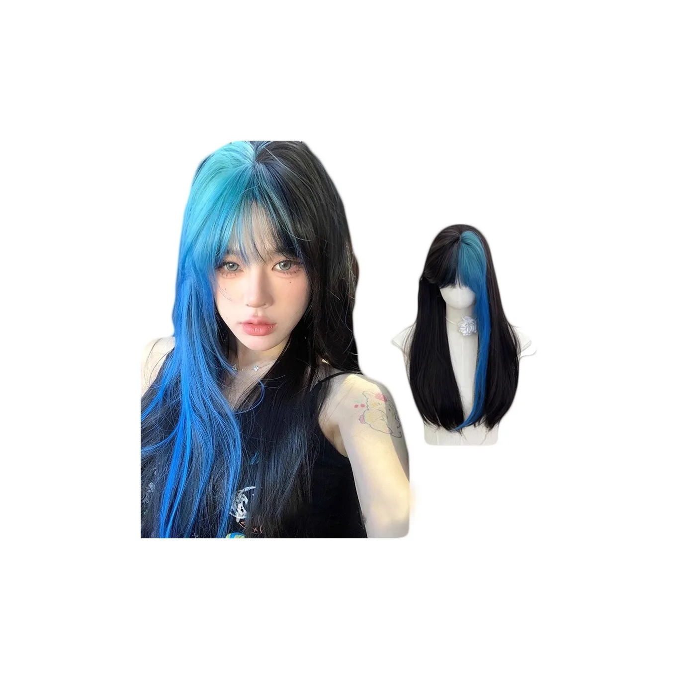 GLUNA Сине-зеленый Акцент Длинные Прямые Волосы Парик Лолита Укладка Естественный и Реалистичный