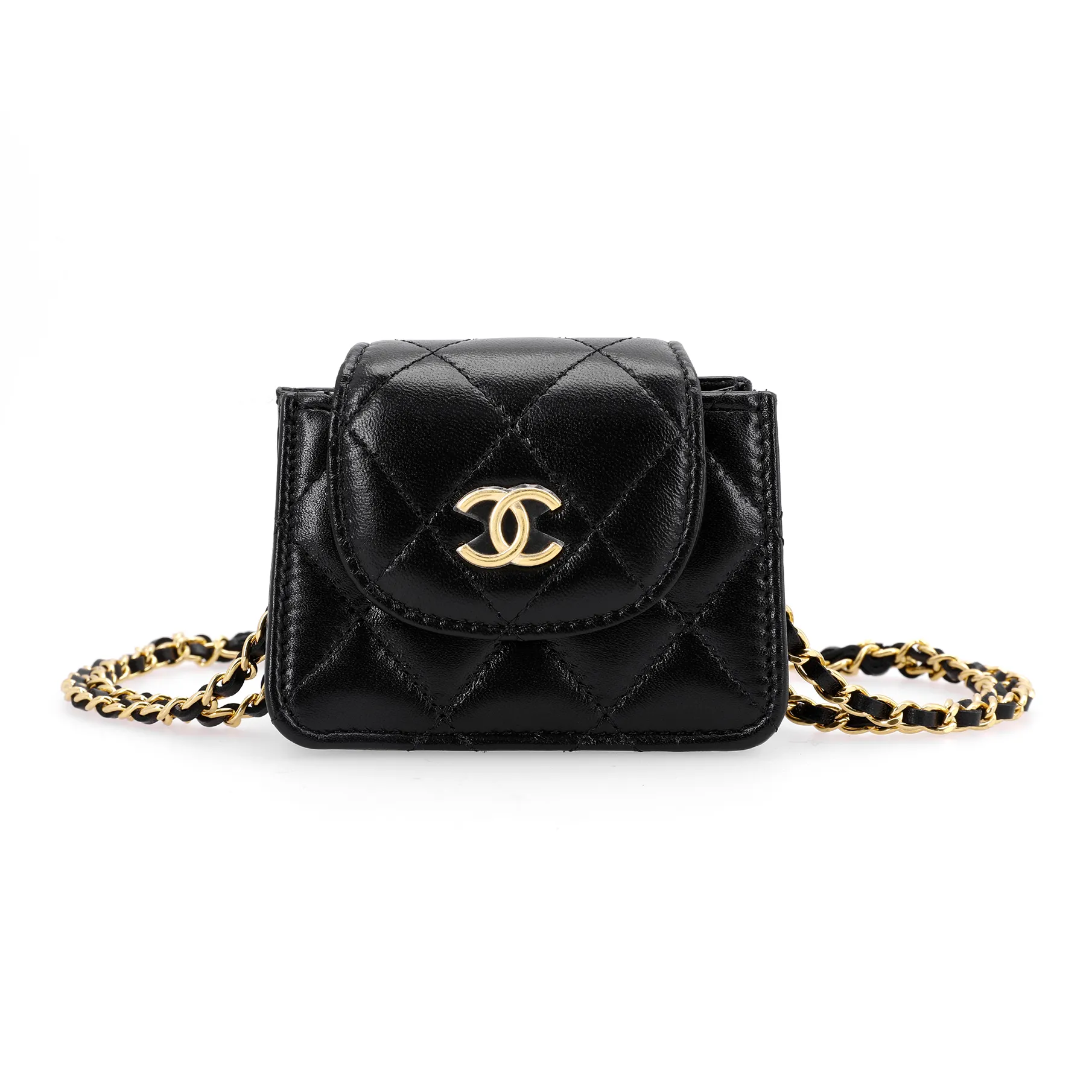 CHANEL Sheepskin And Gold Metal One Shoulder Crossbody Clutch Women's Black