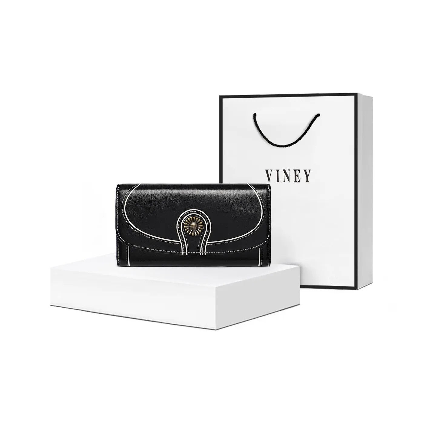VINEY Cow Leather Wallet Money Clip Card Holder Clutch Small Size Unisex Black