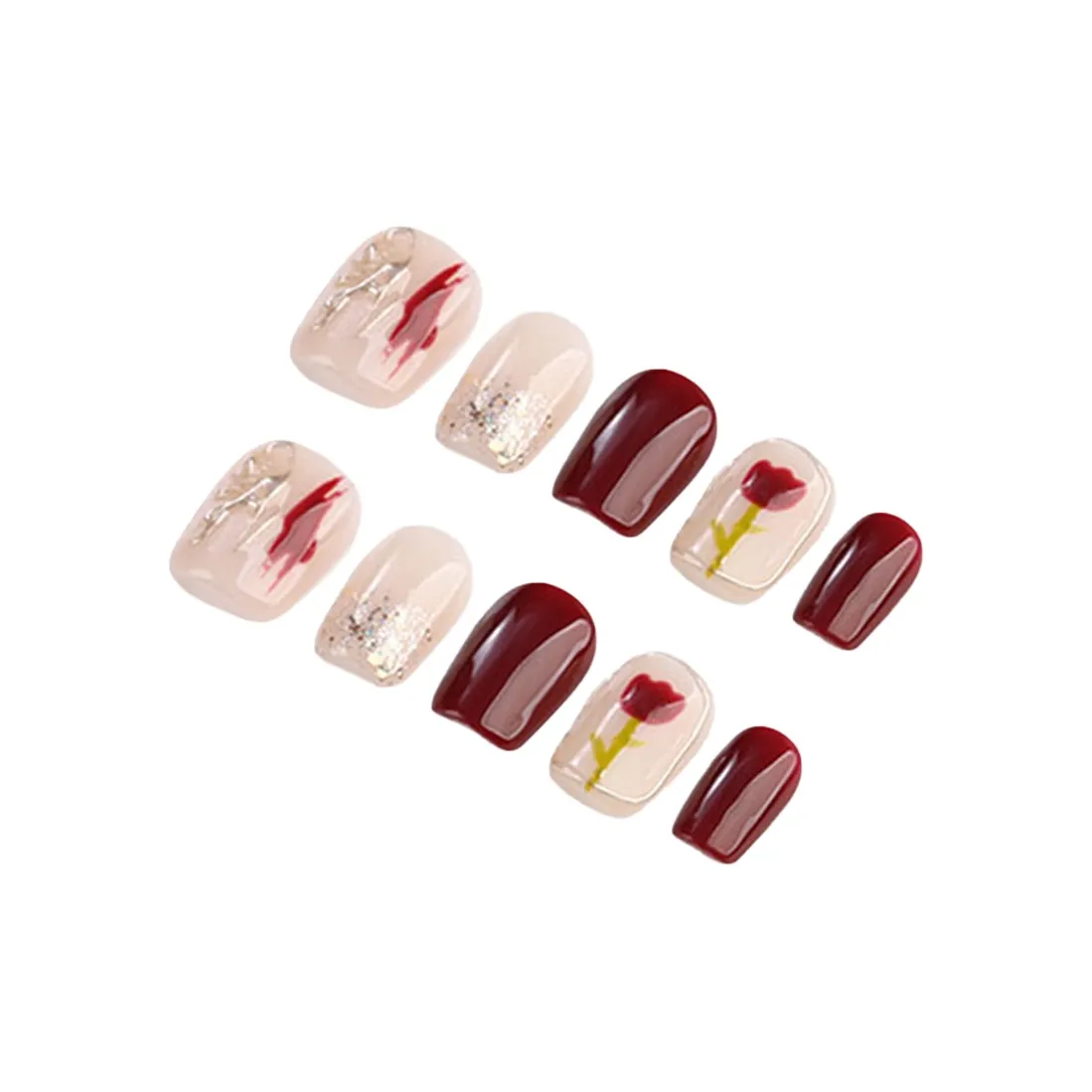 Fanze Hand Разрисованный Бургунди Розовый Блестки False Nail Ручная работа Носимый Nail Art 20 мм Короткий ЛАДЬЕР Красный Jump Цвет