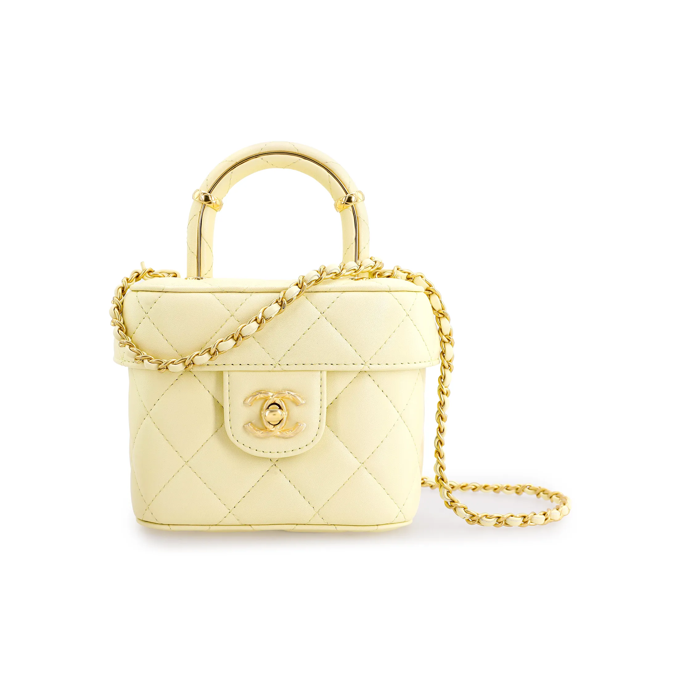 CHANEL Lambskin Portable One Shoulder Crossbody Makeup Bag Trumpets Women's Light Yellow