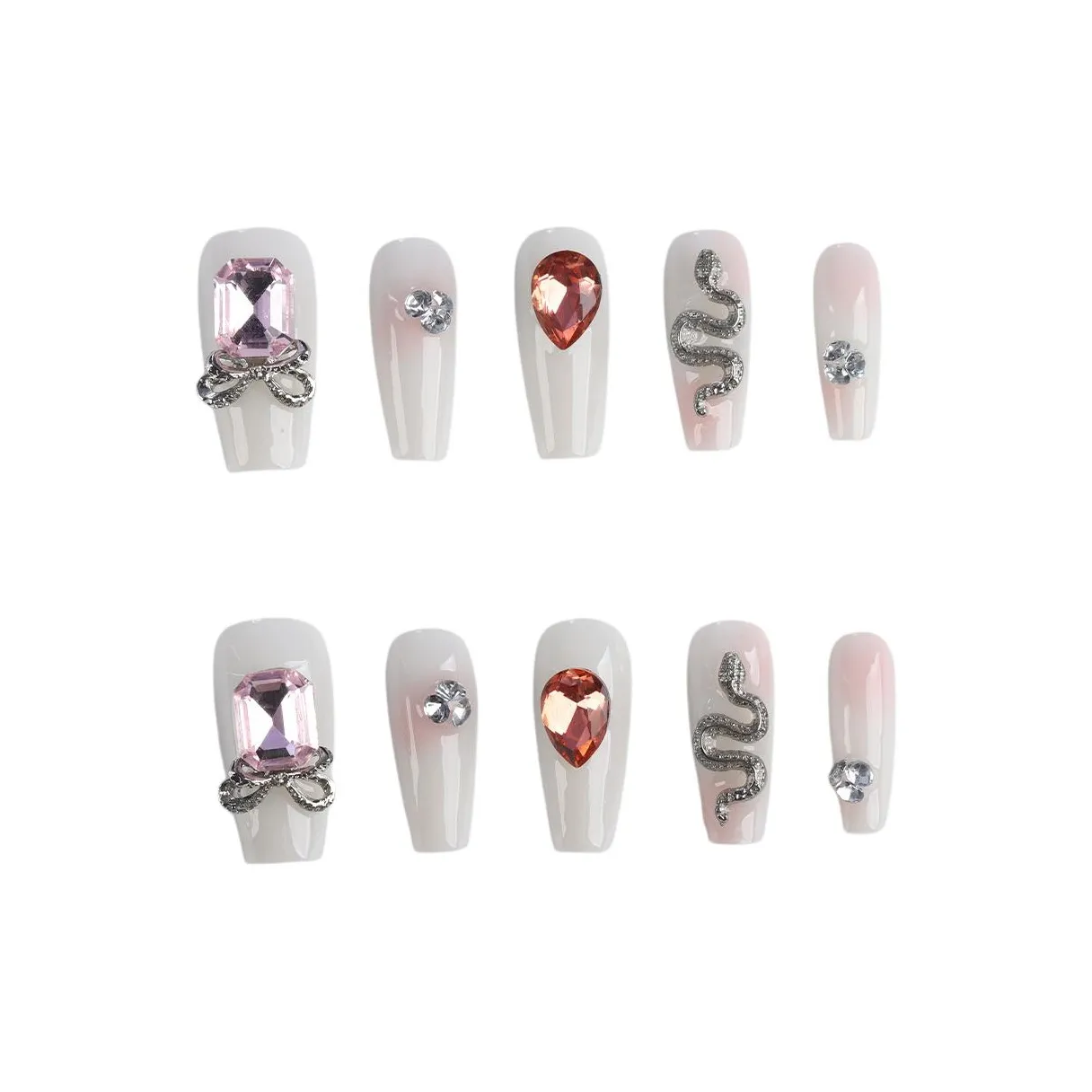 Fanze Металл Змея Квадрат Ромб Капля воды Ромб Handcrafted False Nail 30MM Длинный Белый Смудж