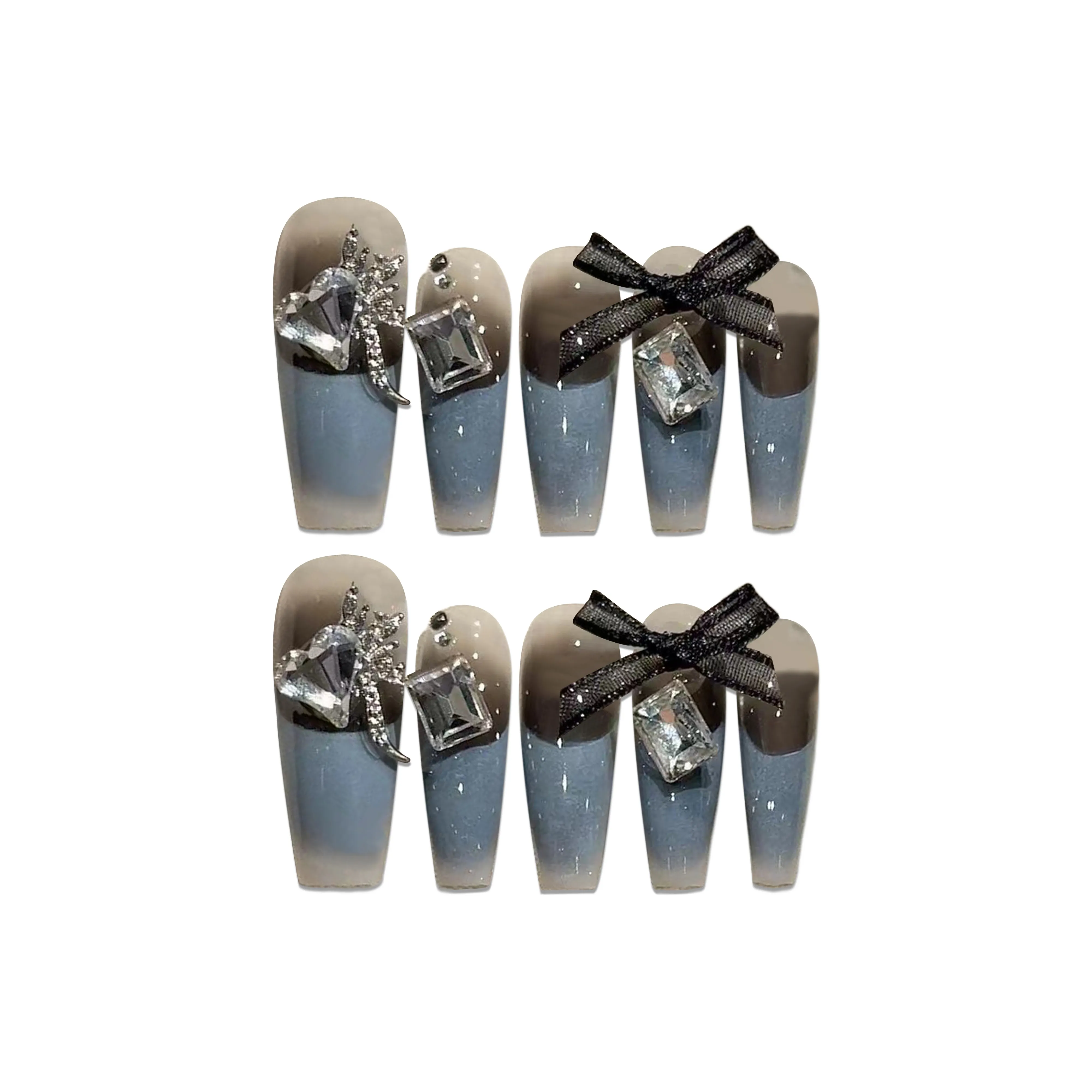 Fanze Французский бант сверкающий страз роскошь False Nail длинный синий Smudge 30MM