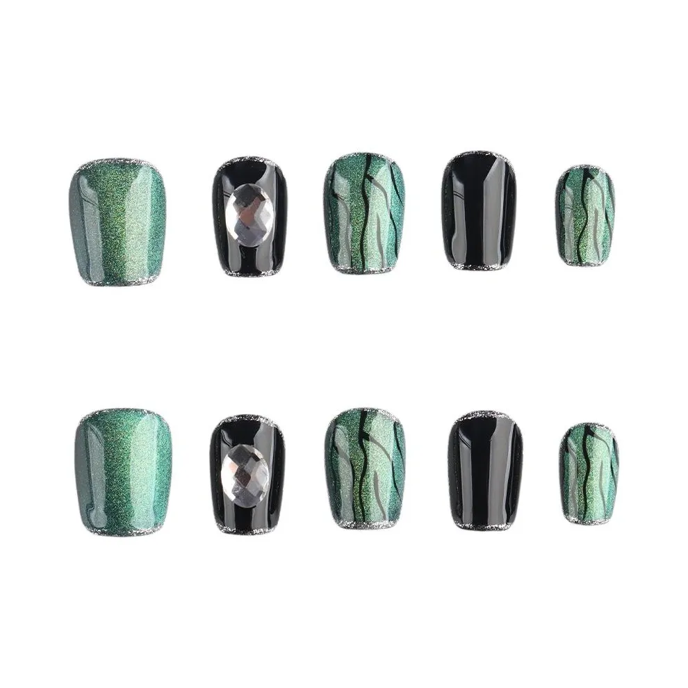 Fanze Винтаж Роскошь Кошка's Eye Изумрудно-зеленый Nail Однотонный Серебряный Блестящий розовый False Nail 20mm Короткий LADDER Зеленый Smudge