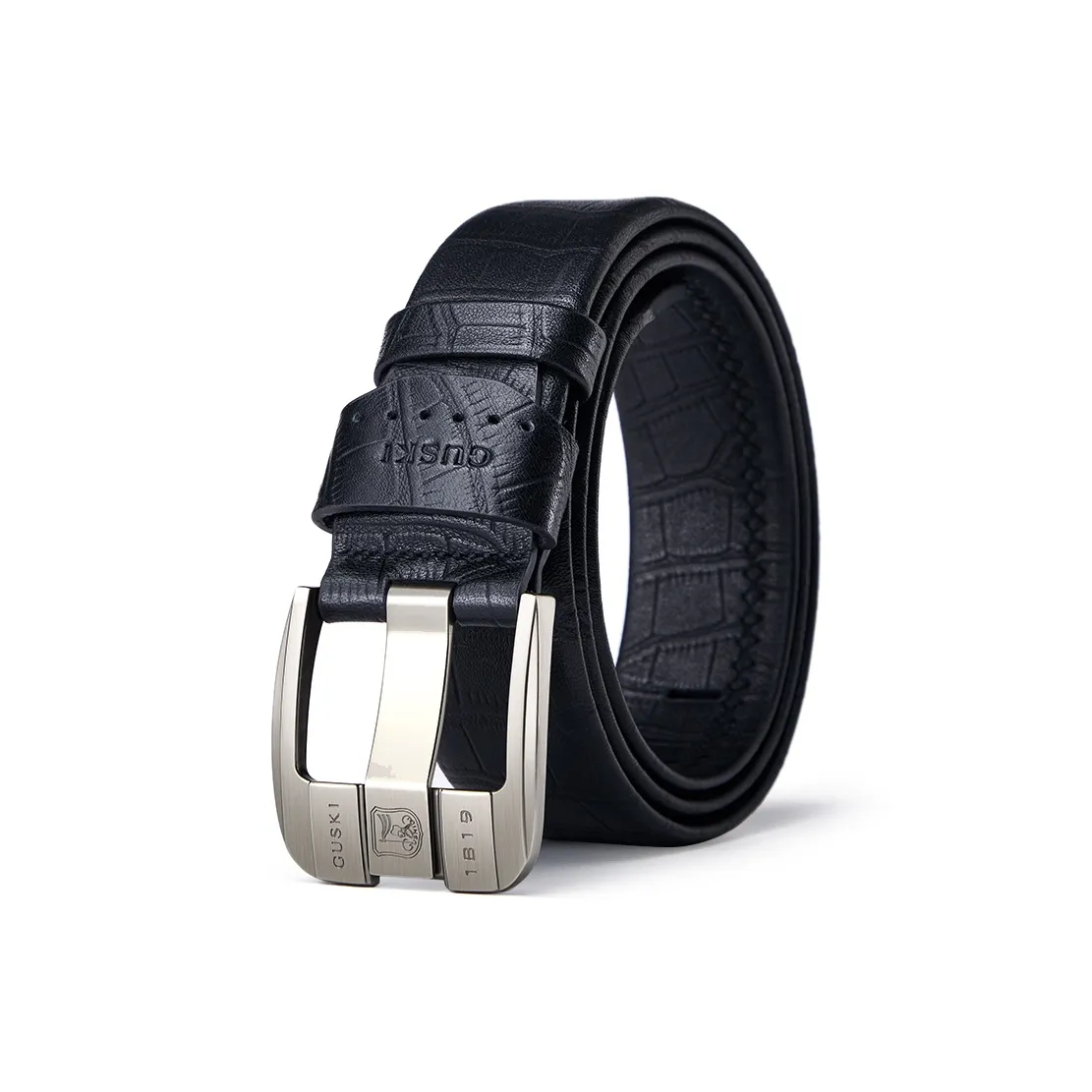 GUSKI Top Grain Cow Leather Belt, Premium Elegance, Husband's Belt Men's Gunmetal Width 3.7cm Gift Box Set