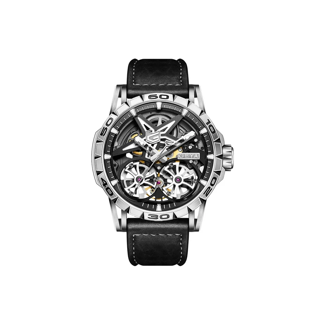 GEYA G MAX Collection Automatic Mechanical Movement Leather Strap Watch Men's Watches Silver Dial