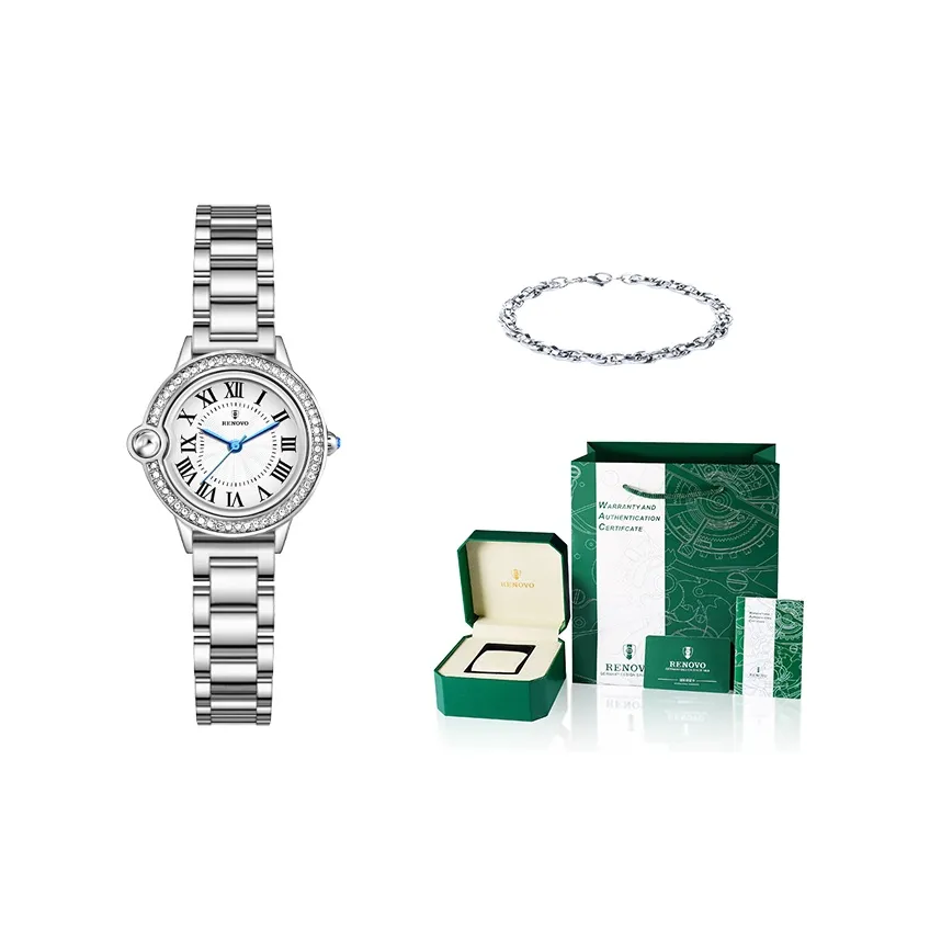 RENOVO Кварцевый механизм металлический ремешок женские часы белый циферблат
