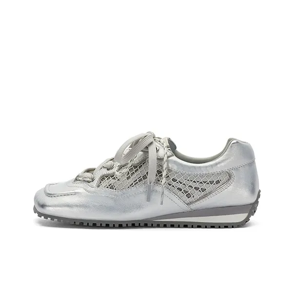 SUGARSU 25 Year Spring Vintage Genuine Leather Square Toe Dearden Lace Up Casual Sports Cortez Shoes, Women's, Silver
