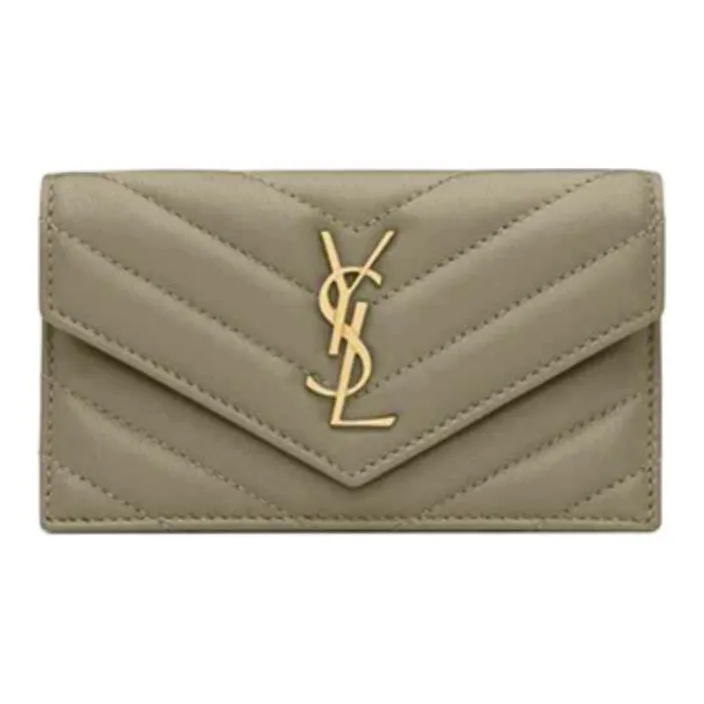 SAINT LAURENT CASSANDRE Sheepskin Card Holder Women's Dark Moss Green