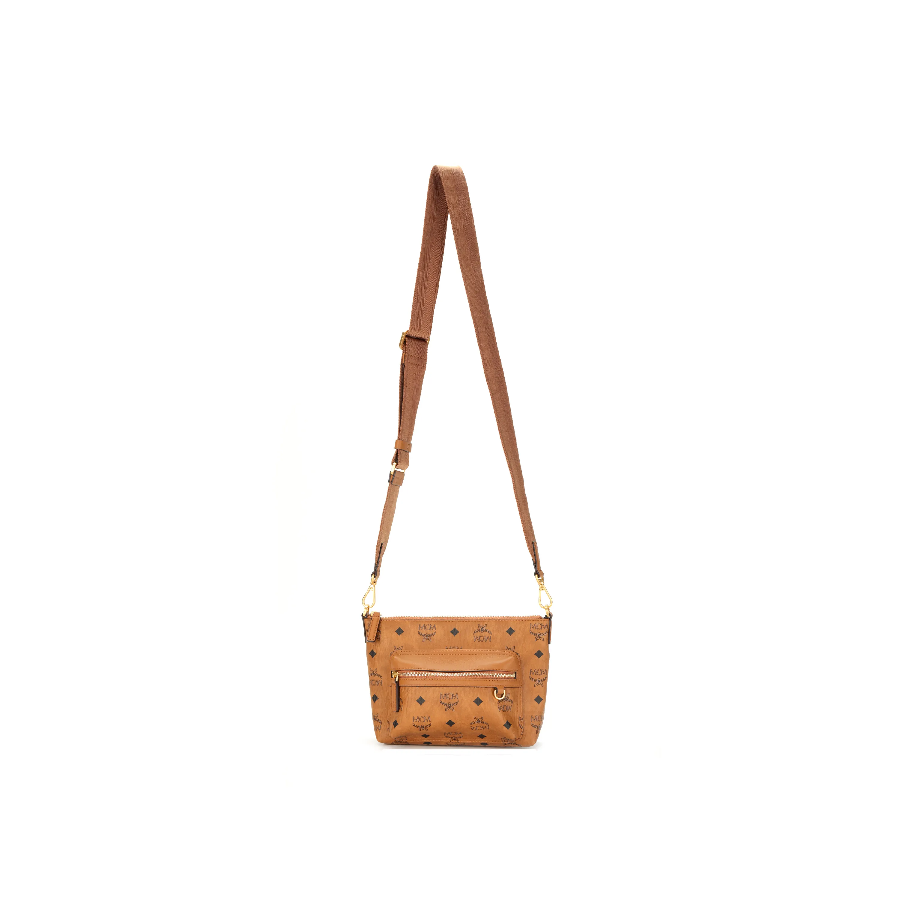 MCM Aren Coated Canvas With Leather Shoulder Bag, Crossbody Bag Trumpets Women's Cognac White Brandy Brown
