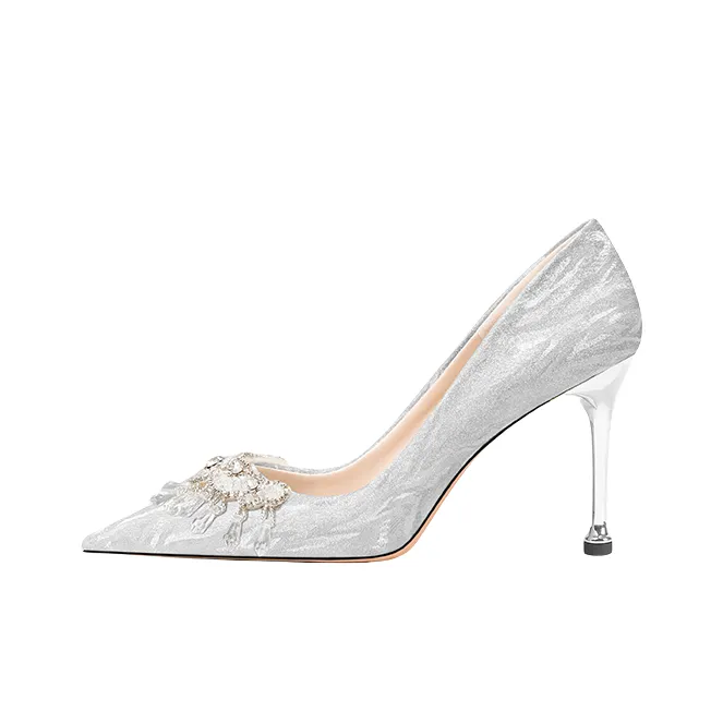 WUGUNIANG Французский Кристалл Tears Узкий каблук Высокие каблуки Женские Звездный серебристый