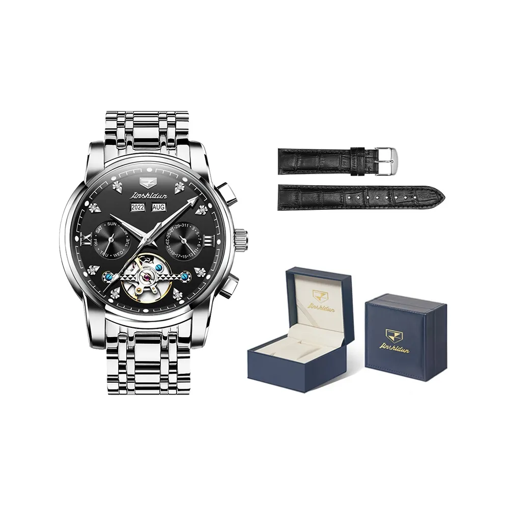 Jin Shi Dun Mechanical Movement Stainless Steel Watchband Watch Men's Watches Black Dial
